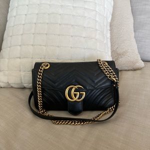 Authentic Black GG Marmont small matelassé shoulder bag